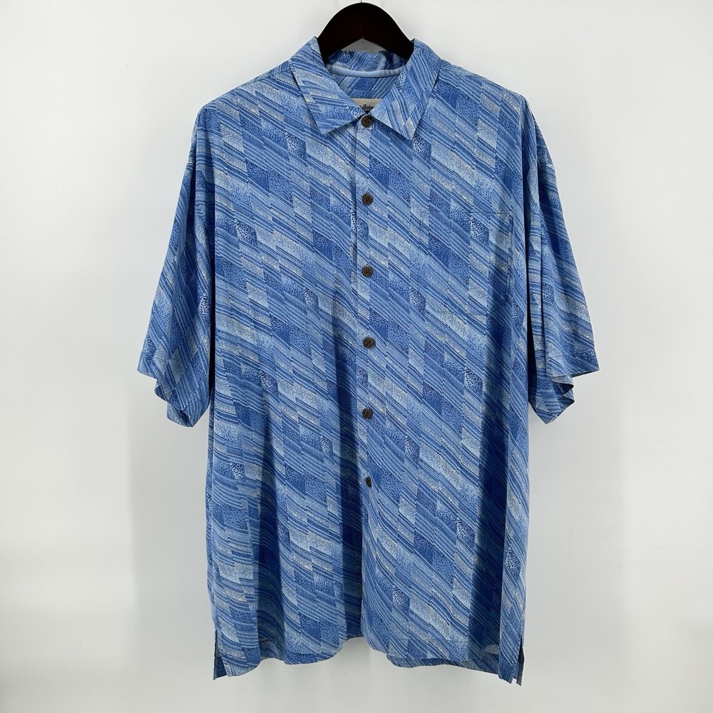 Tommy Bahama Hawaiian Shirt Mens XXL Blue Abstract 100% Silk Aloha Resort Tribal